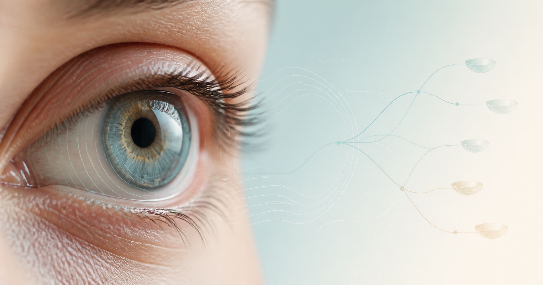 Auge mit Sklerallinse und abstrakten Entscheidungspfaden für unterschiedliche Linsengeometrien
